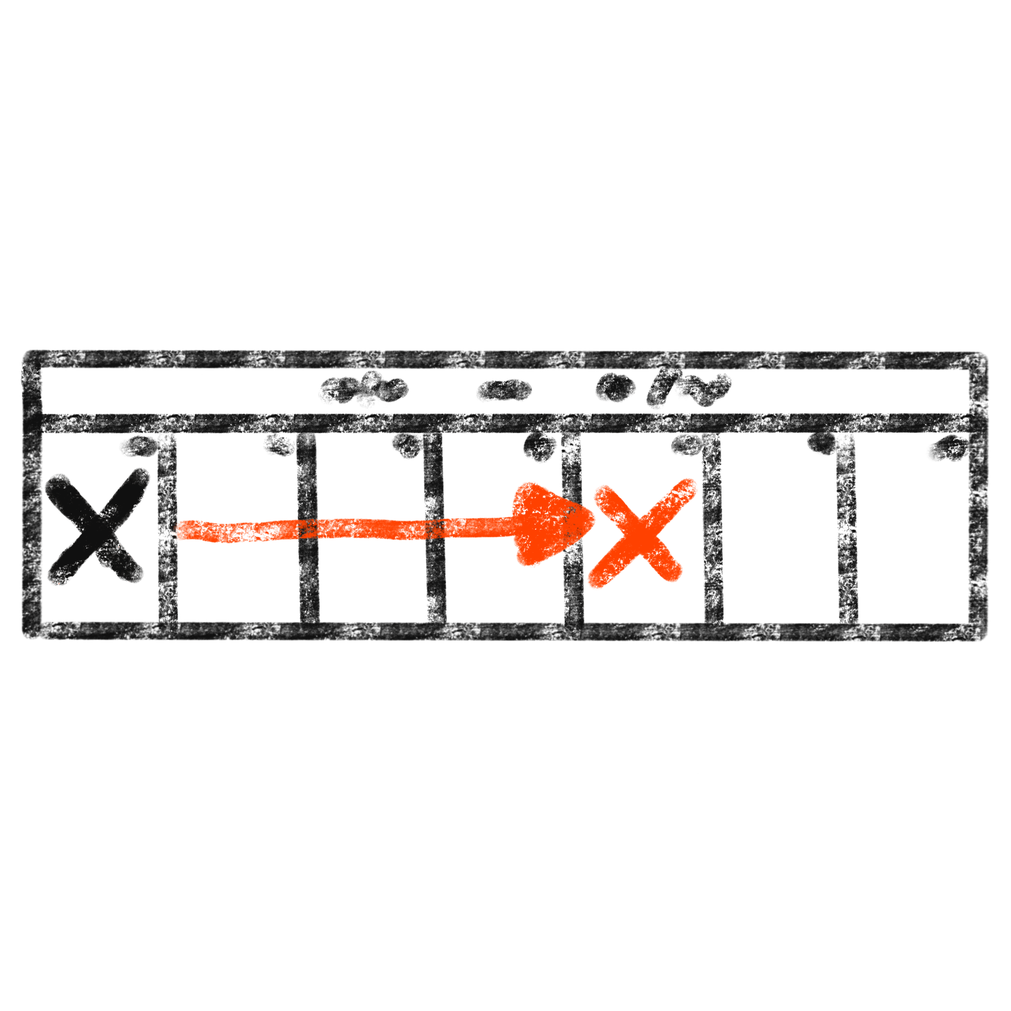  a rectangle separated into 7 sections (days) scribbles representing dates and a black x on the first day with an arrow pointing to the right from it to a red x on the 5th day